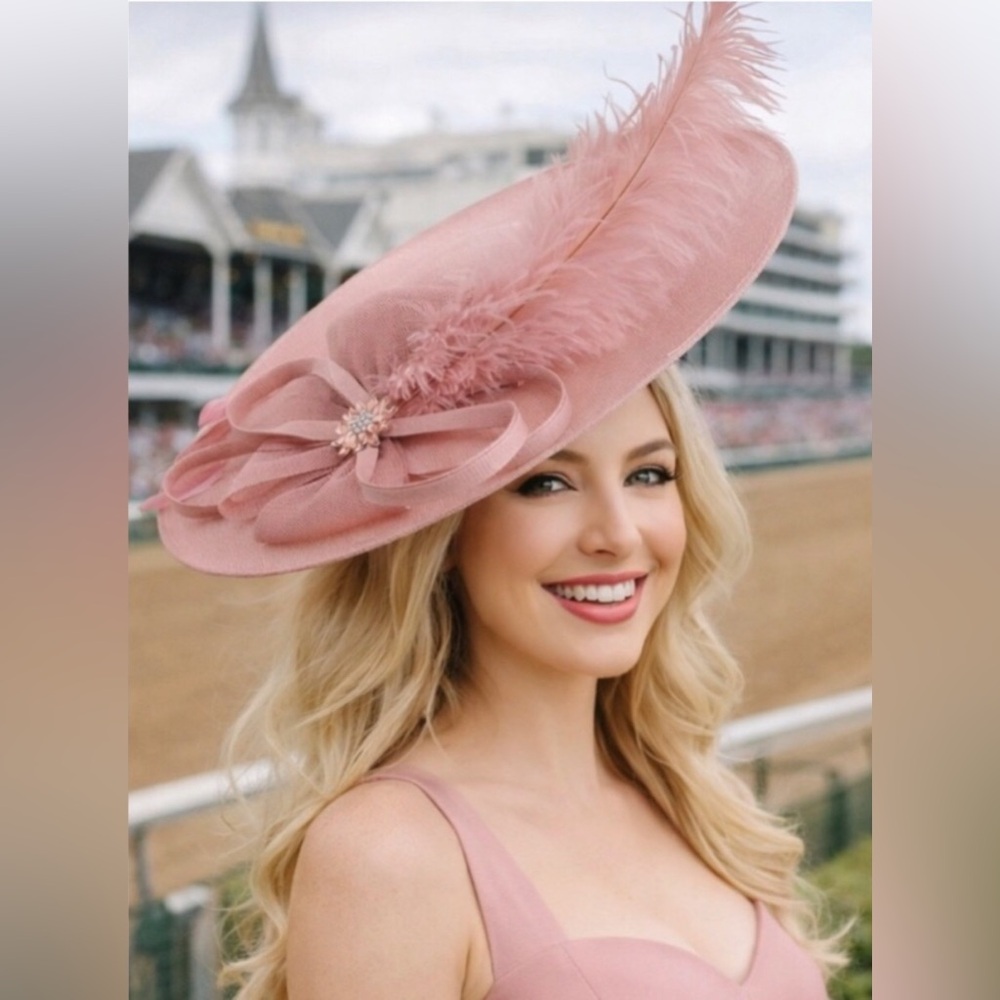 Blush Pink Wide Brim KY Derby Oaks Hat Fascinator w Feather & Crystal Brooch